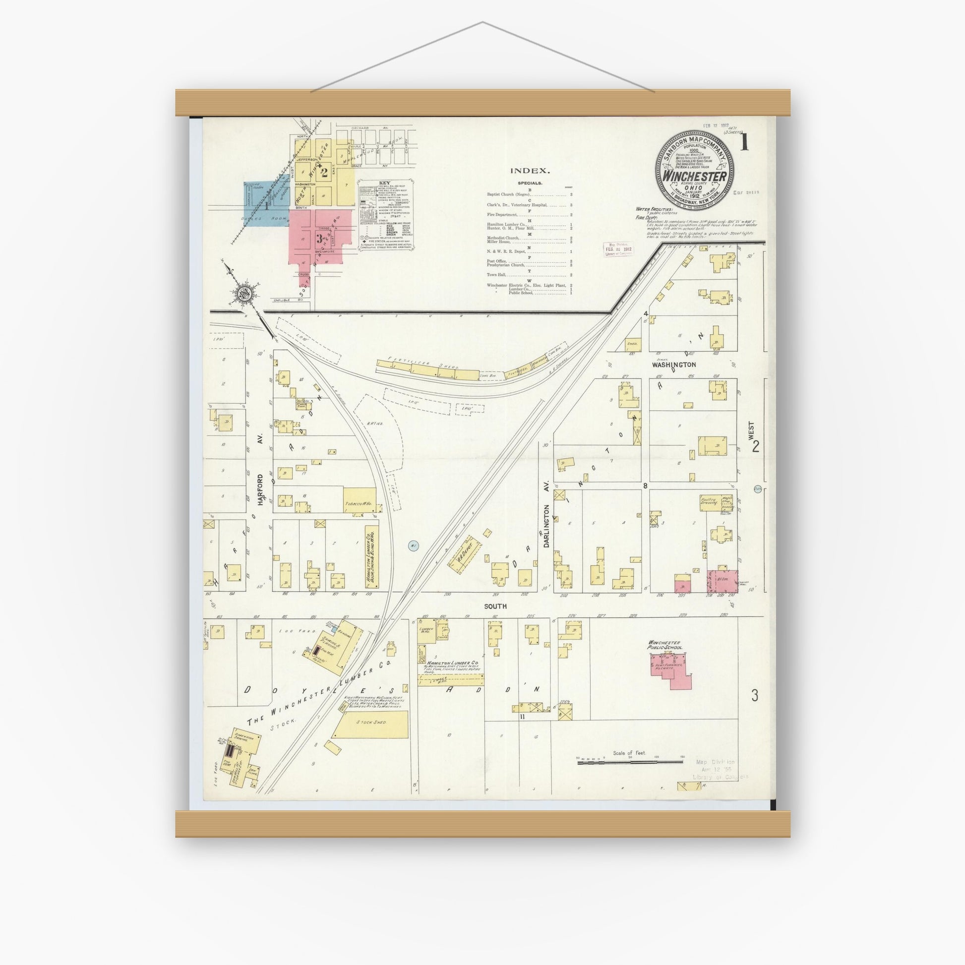 Old map wall art mockup — magnetic wood frame on white wall — Sanborn Fire Insurance Map from Winchester, Adams County, Ohio (1912) - Complete Map Set