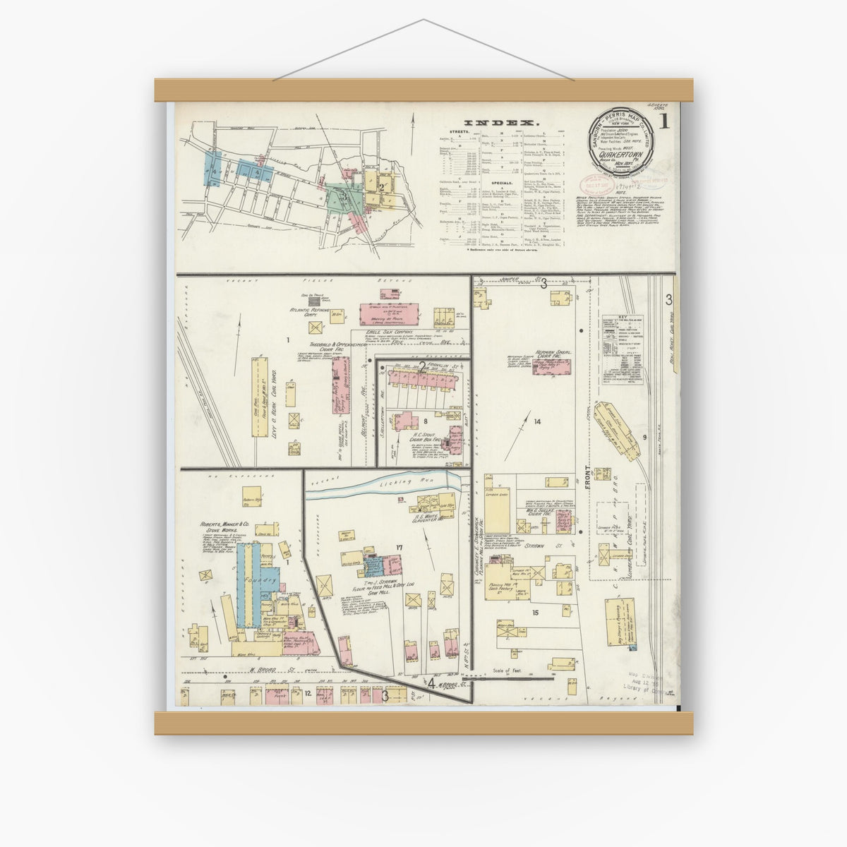Old map wall art mockup — magnetic wood frame on white wall — Sanborn Fire Insurance Map from Quakertown, Bucks County, Pennsylvania (1897) - Complete Map Set