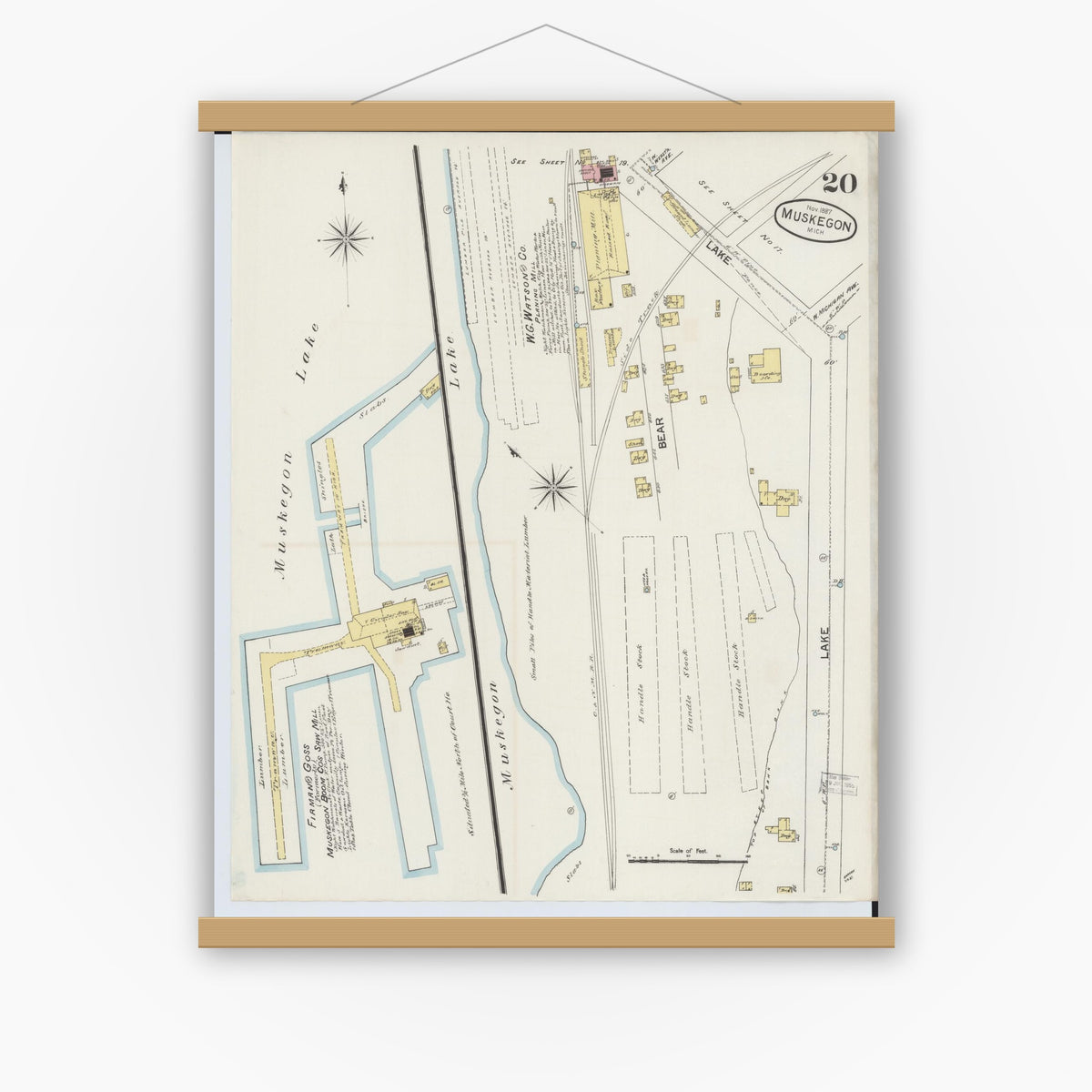 Old map wall art mockup — magnetic wood frame on white wall — Sanborn Fire Insurance Map from Muskegon, Muskegon County, Michigan (1887), Sheet #0020