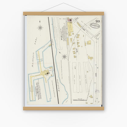 Old map wall art mockup — magnetic wood frame on white wall — Sanborn Fire Insurance Map from Muskegon, Muskegon County, Michigan (1887), Sheet #0020