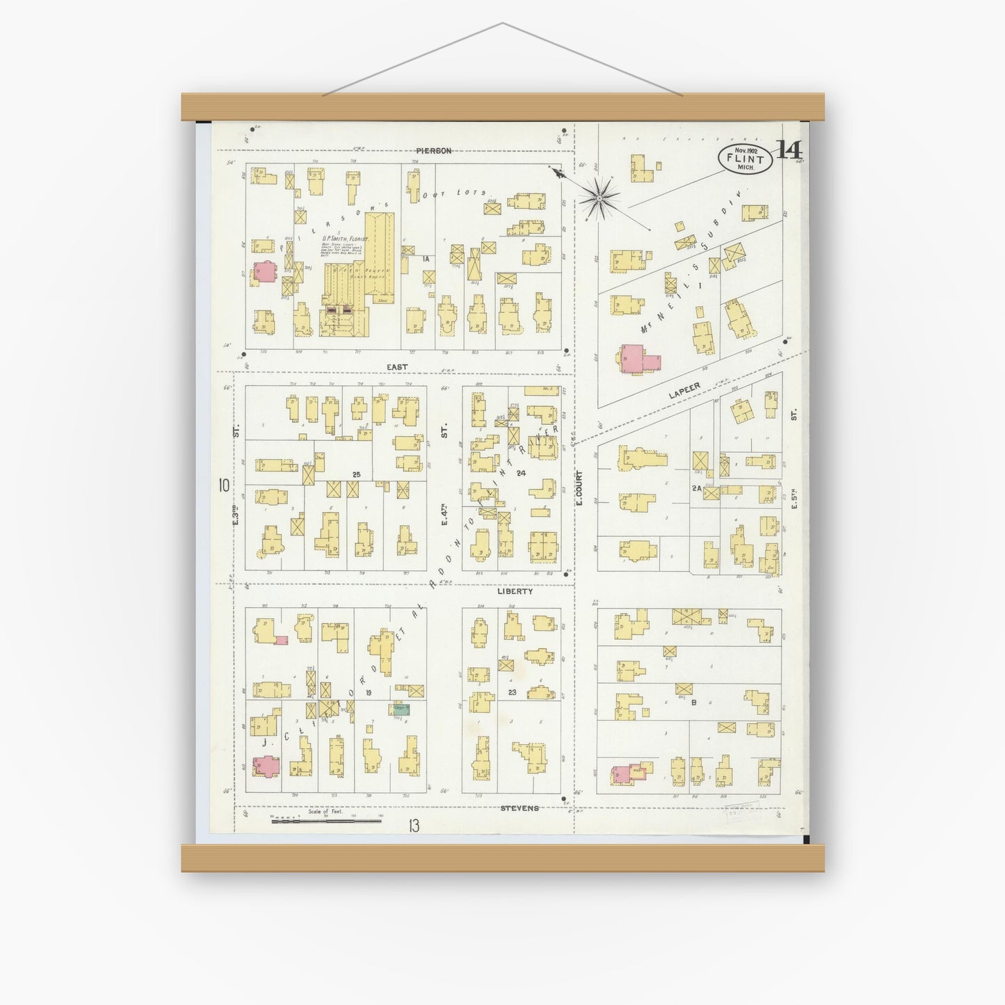 Old map wall art mockup — magnetic wood frame on white wall — Sanborn Fire Insurance Map from Flint, Genesee County, Michigan (1902), Sheet #0014