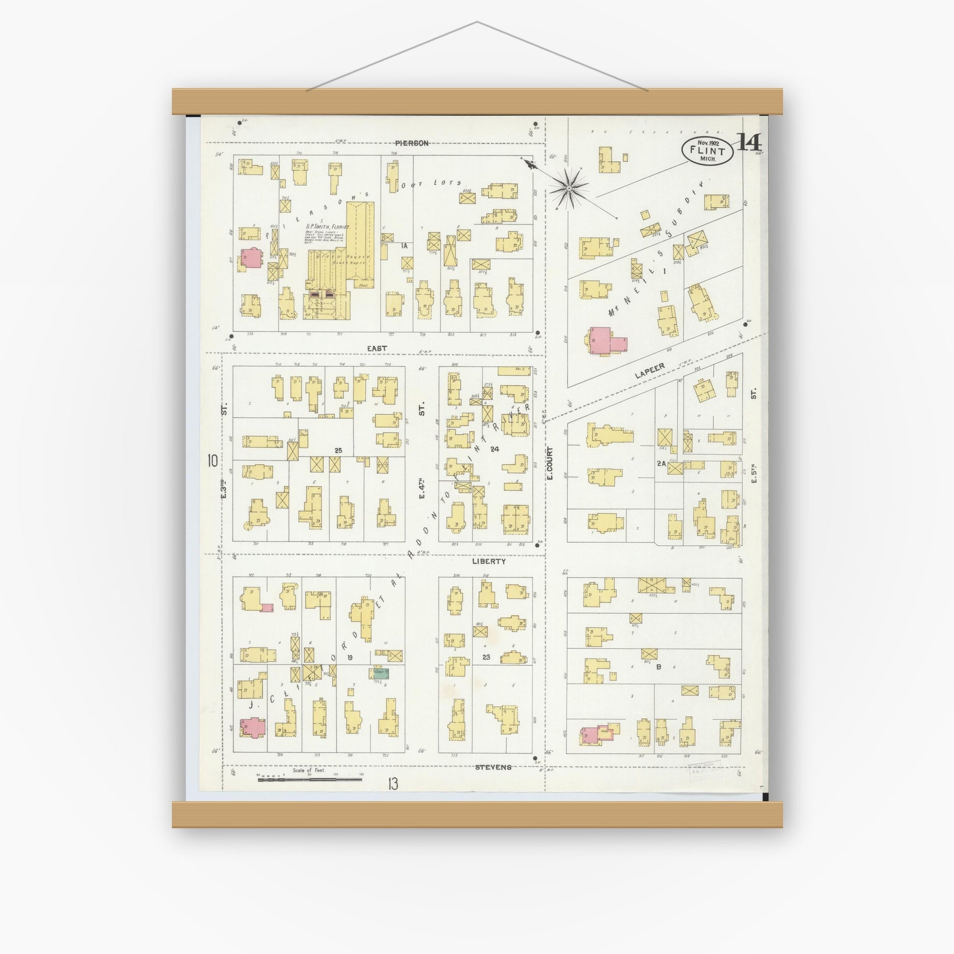 Old map wall art mockup — magnetic wood frame on white wall — Sanborn Fire Insurance Map from Flint, Genesee County, Michigan (1902), Sheet #0014