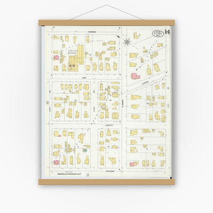 Old map wall art mockup — magnetic wood frame on white wall — Sanborn Fire Insurance Map from Flint, Genesee County, Michigan (1902), Sheet #0014