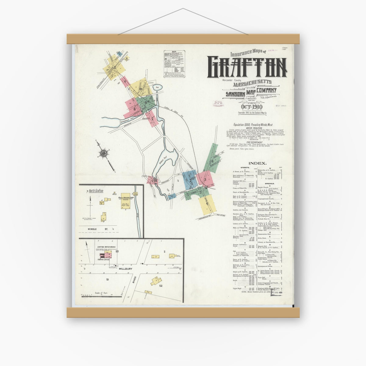 Old map wall art mockup — magnetic wood frame on white wall — Sanborn Fire Insurance Map from Grafton, Worcester County, Massachusetts (1910) - Complete Map Set