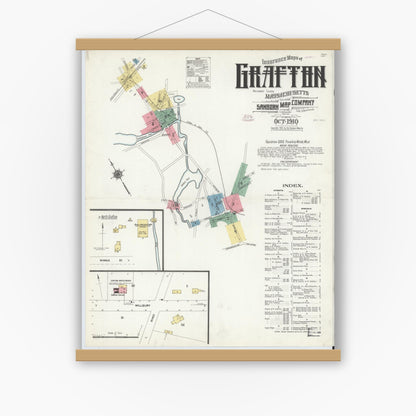 Old map wall art mockup — magnetic wood frame on white wall — Sanborn Fire Insurance Map from Grafton, Worcester County, Massachusetts (1910) - Complete Map Set