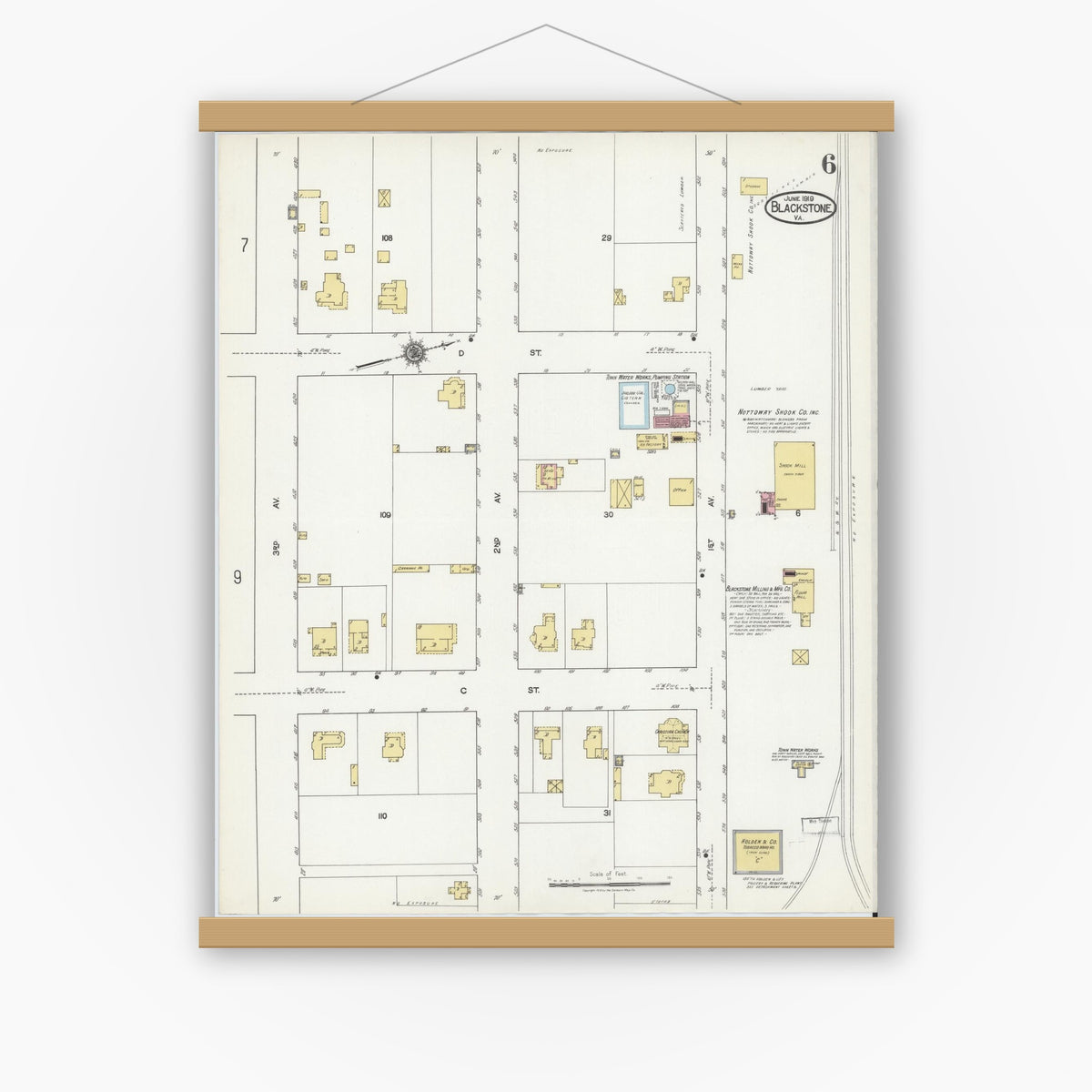 Old map wall art mockup — magnetic wood frame on white wall — Sanborn Fire Insurance Map from Blackstone, Nottoway County, Virginia (1919), Sheet #0006