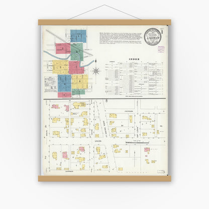 Old map wall art mockup — magnetic wood frame on white wall — Sanborn Fire Insurance Map from Ligonier, Noble County, Indiana (1907), Sheet #0001