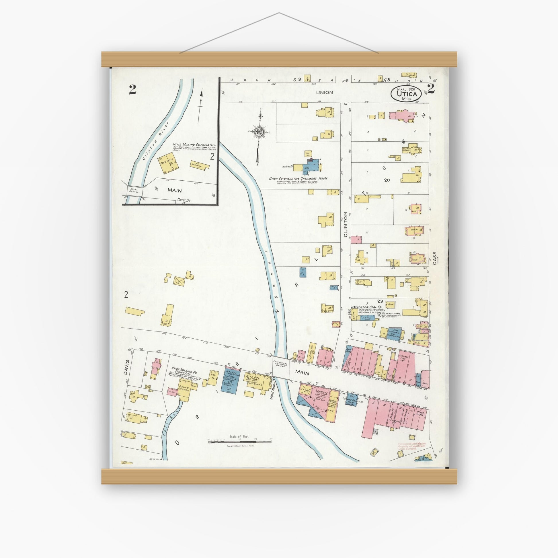 Old map wall art mockup — magnetic wood frame on white wall — Sanborn Fire Insurance Map from Utica, Macomb County, Michigan (1926), Sheet #0002