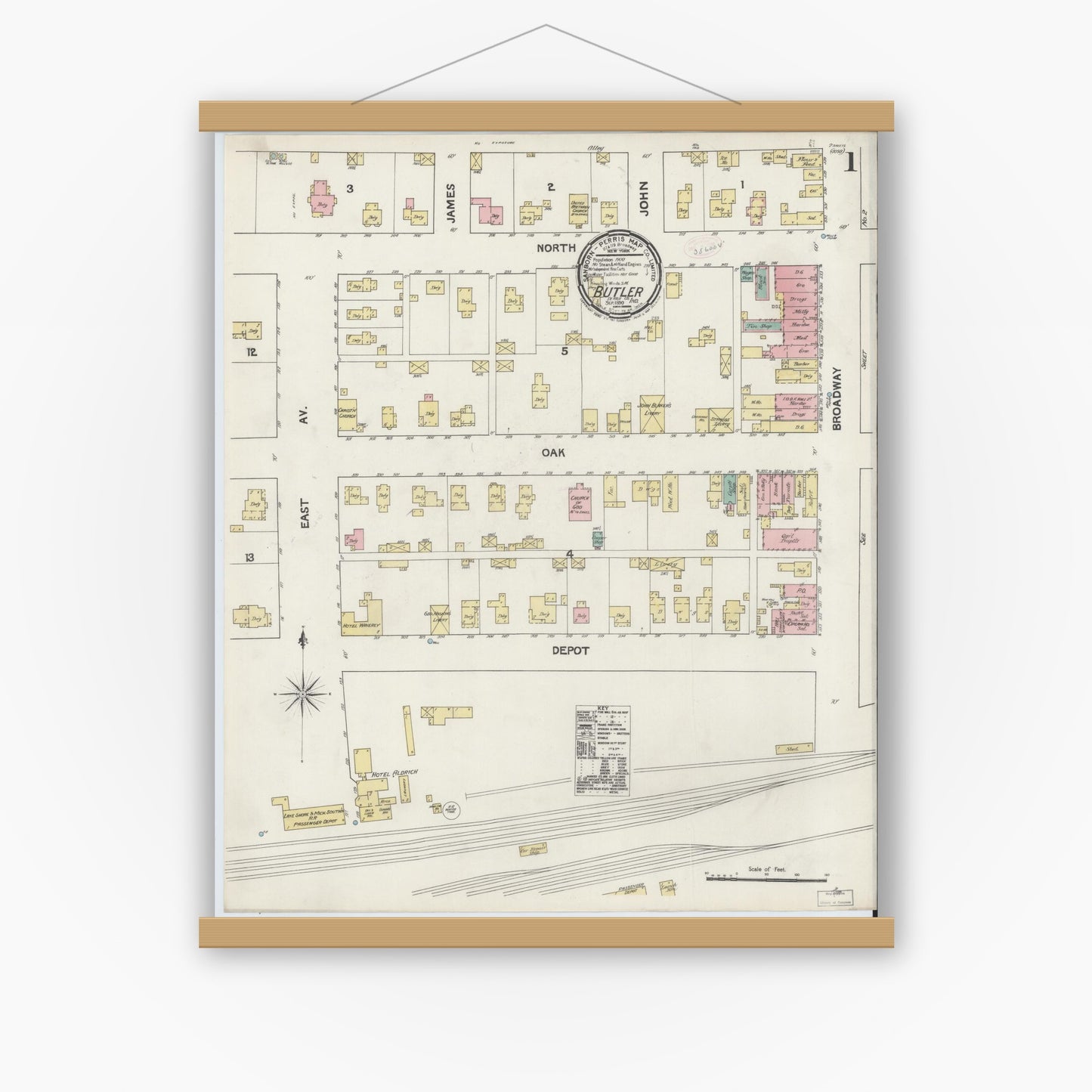 Old map wall art mockup — magnetic wood frame on white wall — Sanborn Fire Insurance Map from Butler, De Kalb County, Indiana (1890) - Complete Map Set
