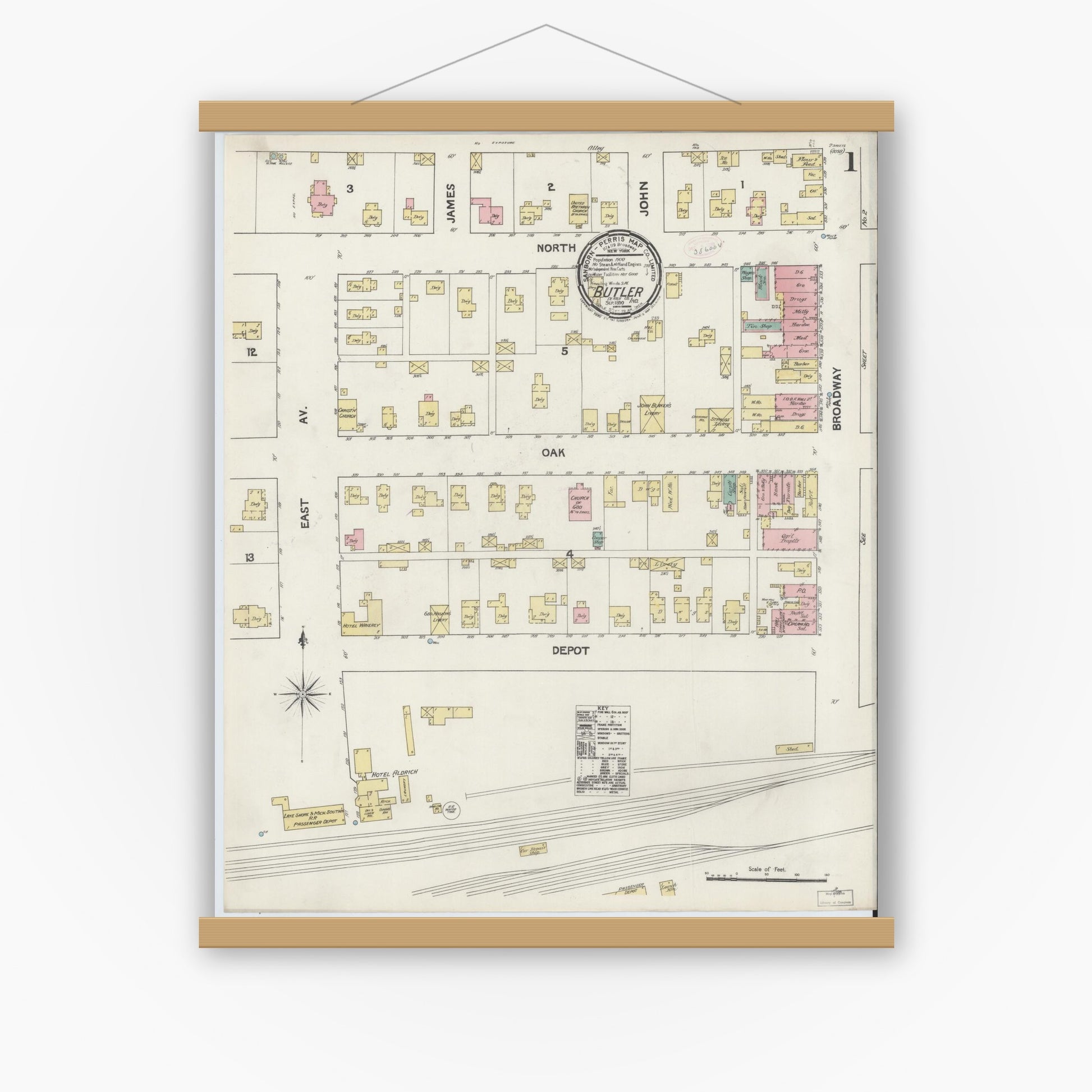 Old map wall art mockup — magnetic wood frame on white wall — Sanborn Fire Insurance Map from Butler, De Kalb County, Indiana (1890) - Complete Map Set