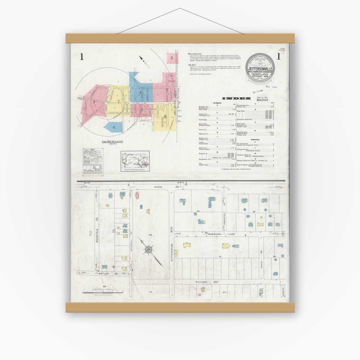 Old map wall art mockup — magnetic wood frame on white wall — Sanborn Fire Insurance Map from Jeffersonville, Montgomery County, Pennsylvania (1928) - Complete Map Set