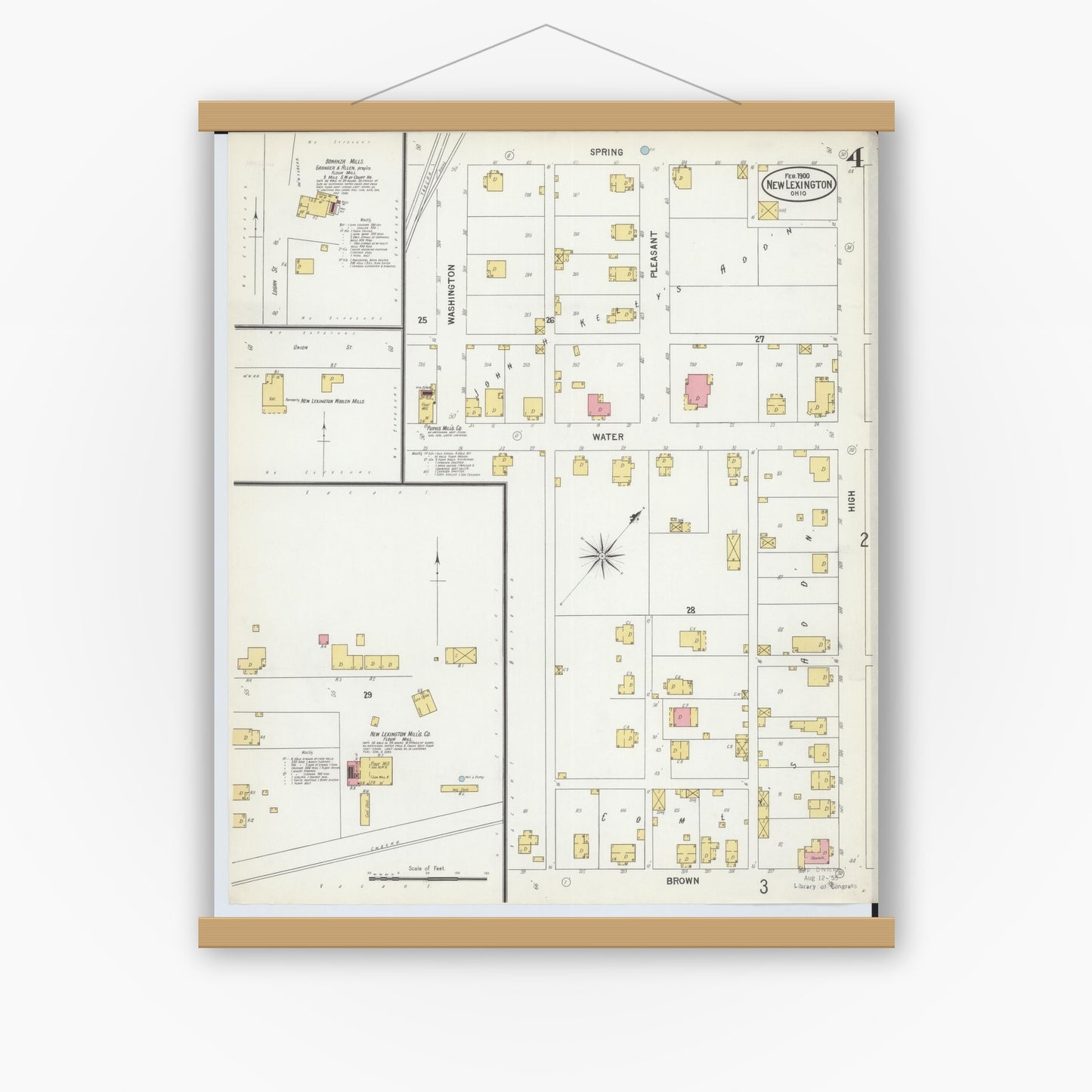Old map wall art mockup — magnetic wood frame on white wall — Sanborn Fire Insurance Map from New Lexington, Perry County, Ohio (1900), Sheet #0004