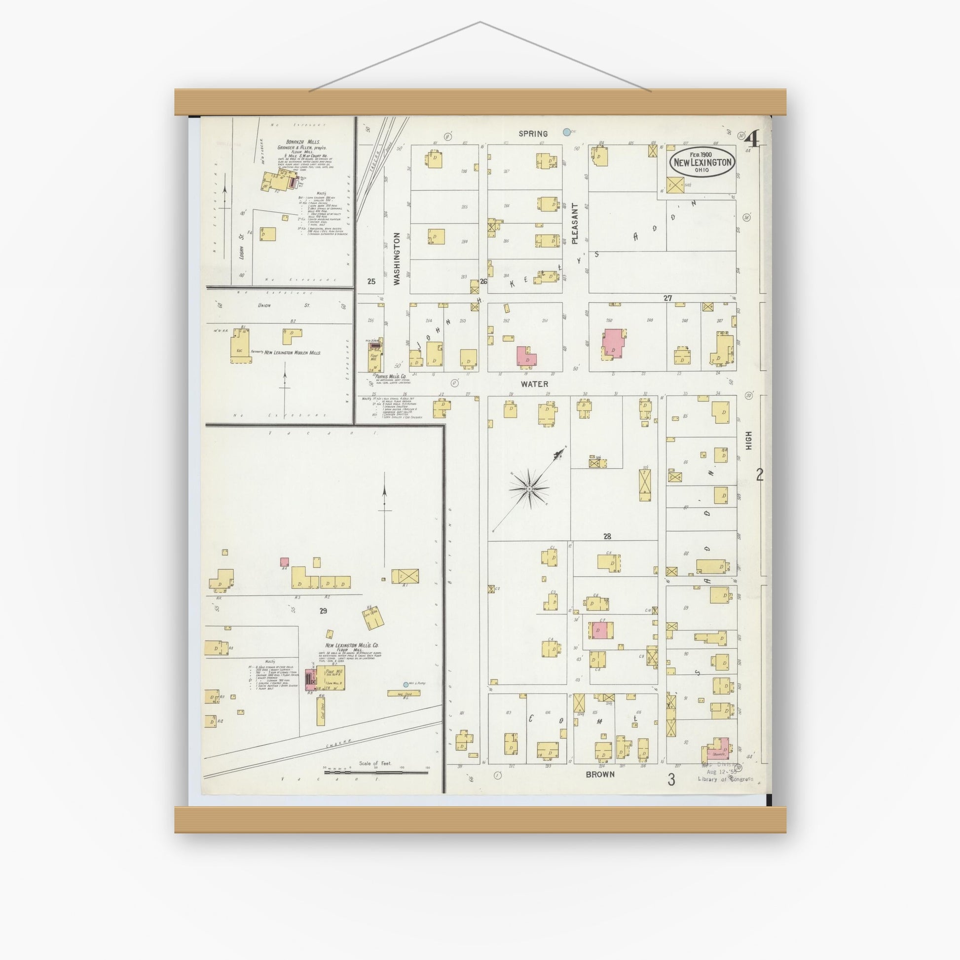 Old map wall art mockup — magnetic wood frame on white wall — Sanborn Fire Insurance Map from New Lexington, Perry County, Ohio (1900), Sheet #0004