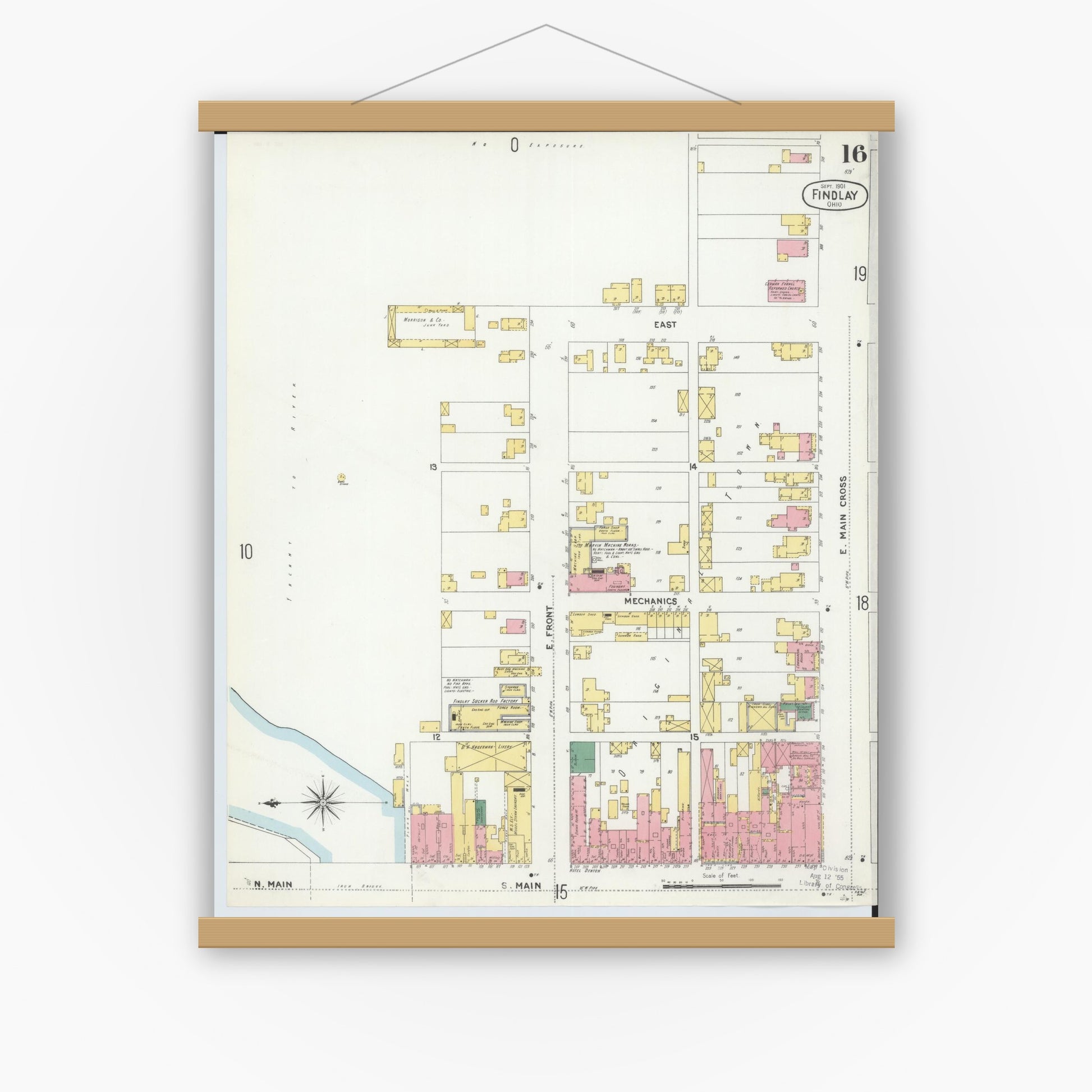Old map wall art mockup — magnetic wood frame on white wall — Sanborn Fire Insurance Map from Findlay, Hancock County, Ohio (1901), Sheet #0016