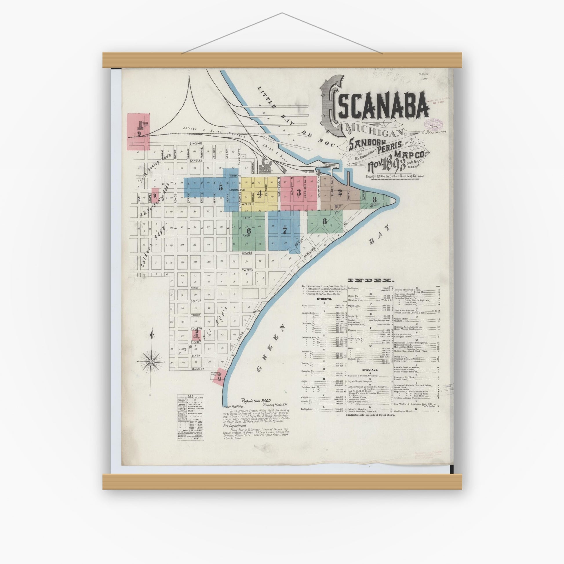 Old map wall art mockup — magnetic wood frame on white wall — Sanborn Fire Insurance Map from Escanaba, Delta County, Michigan (1893), Sheet #0001