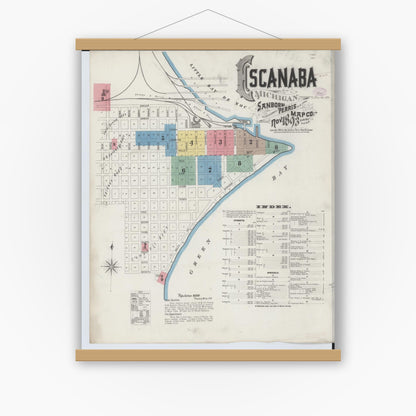 Old map wall art mockup — magnetic wood frame on white wall — Sanborn Fire Insurance Map from Escanaba, Delta County, Michigan (1893), Sheet #0001
