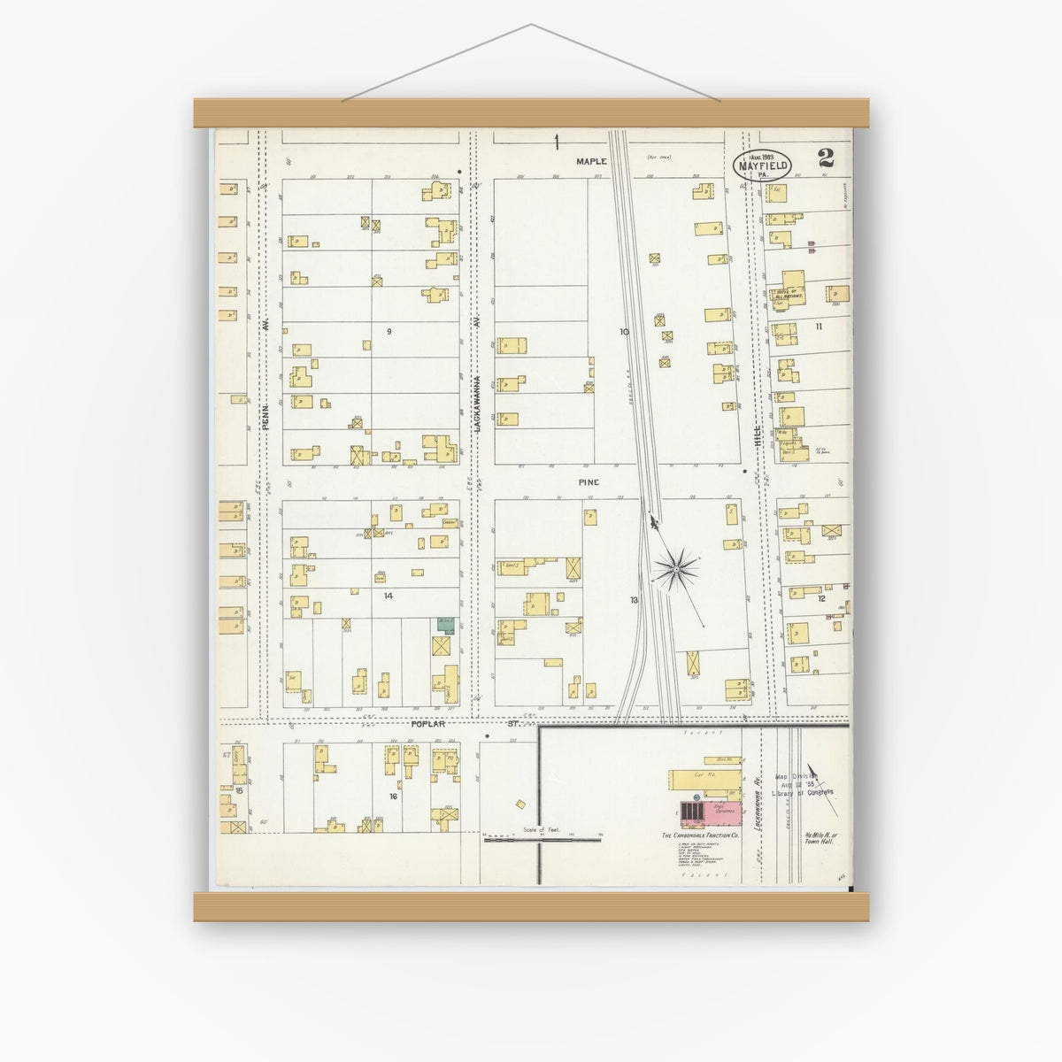 Old map wall art mockup — magnetic wood frame on white wall — Sanborn Fire Insurance Map from Mayfield, Lackawanna County, Pennsylvania (1903), Sheet #0002