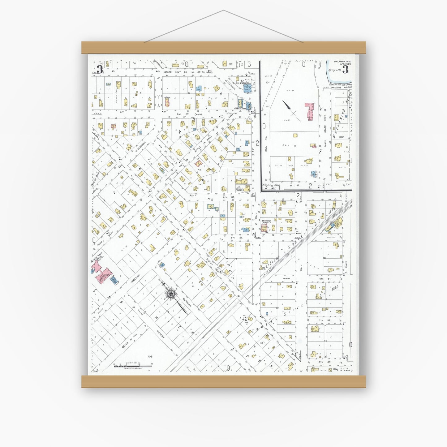 Old map wall art mockup — magnetic wood frame on white wall — Sanborn Fire Insurance Map from Palmyra, Jefferson County, Wisconsin (1949), Sheet #0003
