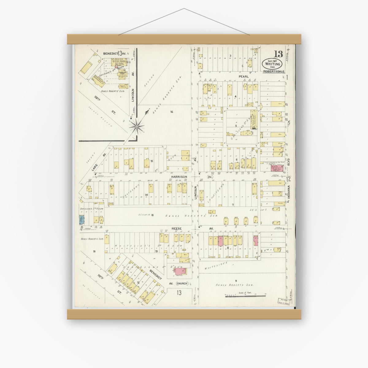 Old map wall art mockup — magnetic wood frame on white wall — Sanborn Fire Insurance Map from Whiting, Lake County, Indiana (1907), Sheet #0013