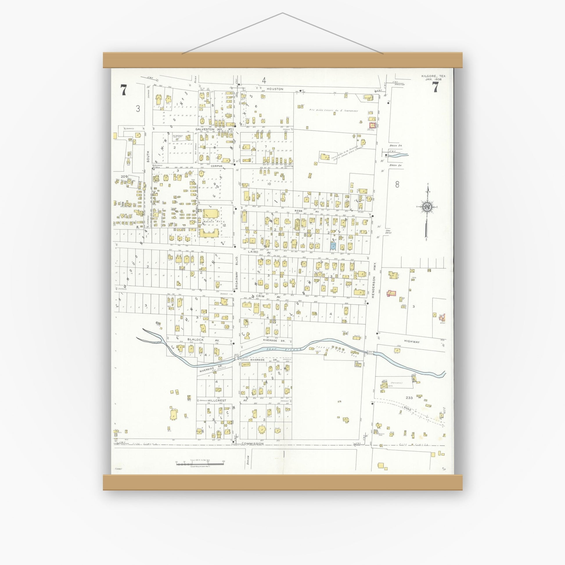 Old map wall art mockup — magnetic wood frame on white wall — Sanborn Fire Insurance Map from Kilgore, Gregg County, Texas (1936), Sheet #0007