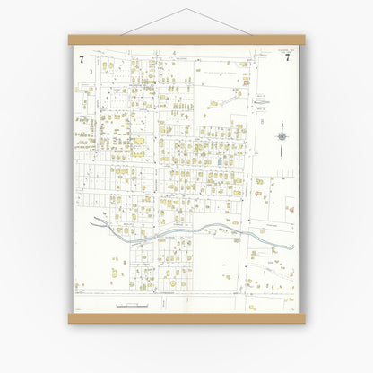 Old map wall art mockup — magnetic wood frame on white wall — Sanborn Fire Insurance Map from Kilgore, Gregg County, Texas (1936), Sheet #0007