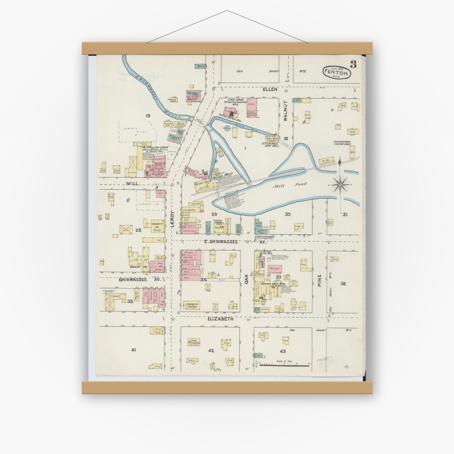 Old map wall art mockup — magnetic wood frame on white wall — Sanborn Fire Insurance Map from Fenton, Genesee County, Michigan (1890), Sheet #0003