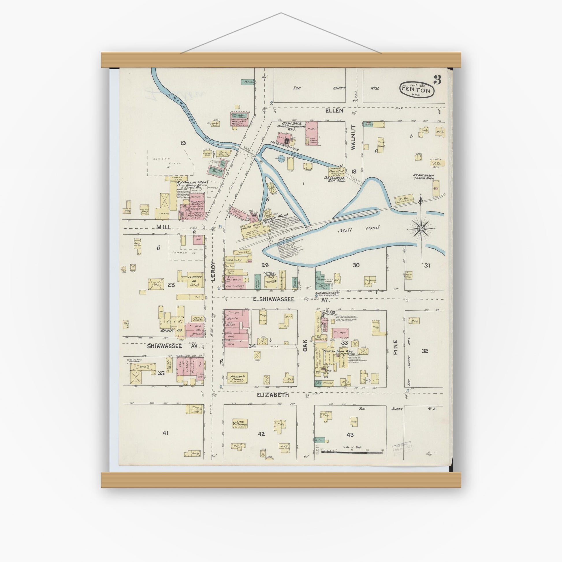 Old map wall art mockup — magnetic wood frame on white wall — Sanborn Fire Insurance Map from Fenton, Genesee County, Michigan (1890), Sheet #0003