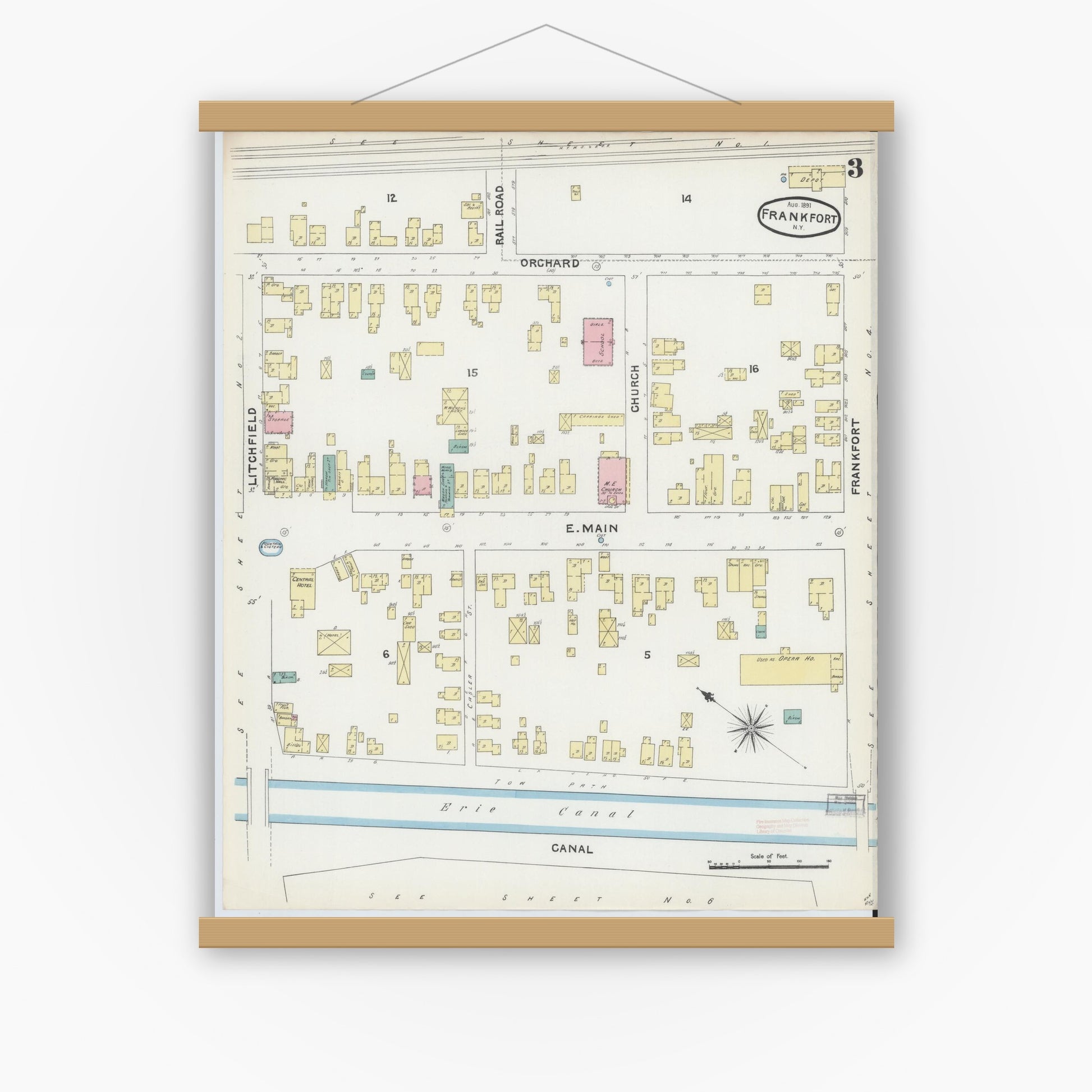 Old map wall art mockup — magnetic wood frame on white wall — Sanborn Fire Insurance Map from Frankfort, Herkimer County, New York (1891), Sheet #0003