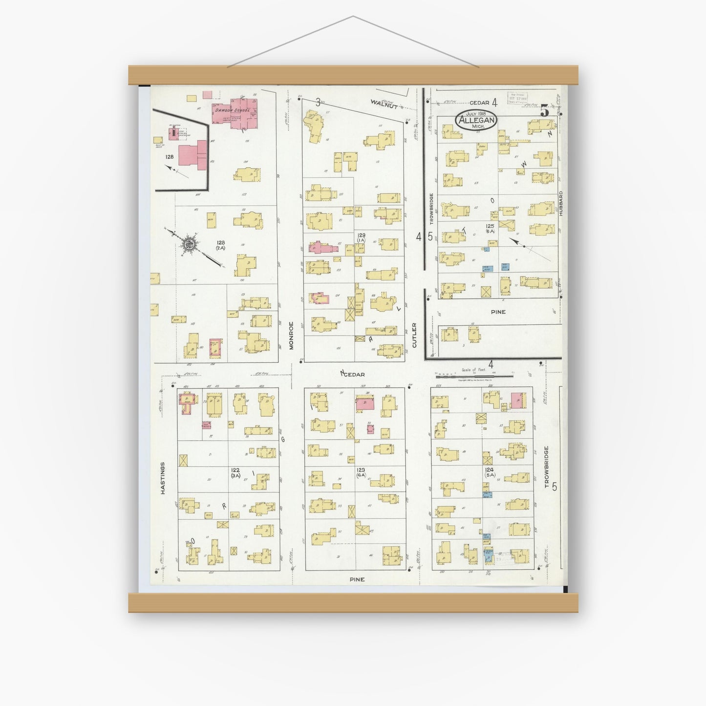 Old map wall art mockup — magnetic wood frame on white wall — Sanborn Fire Insurance Map from Allegan, Allegan County, Michigan (1918), Sheet #0005