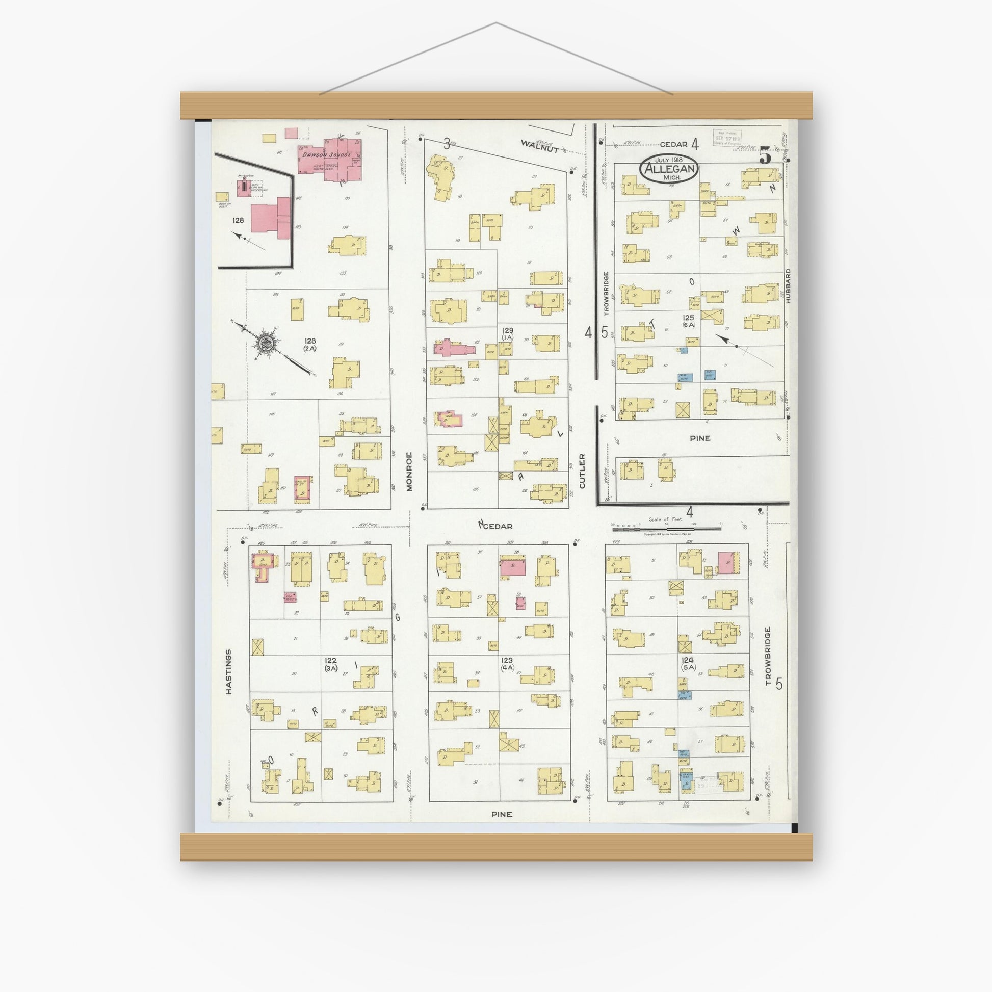 Old map wall art mockup — magnetic wood frame on white wall — Sanborn Fire Insurance Map from Allegan, Allegan County, Michigan (1918), Sheet #0005