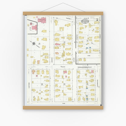 Old map wall art mockup — magnetic wood frame on white wall — Sanborn Fire Insurance Map from Allegan, Allegan County, Michigan (1918), Sheet #0005