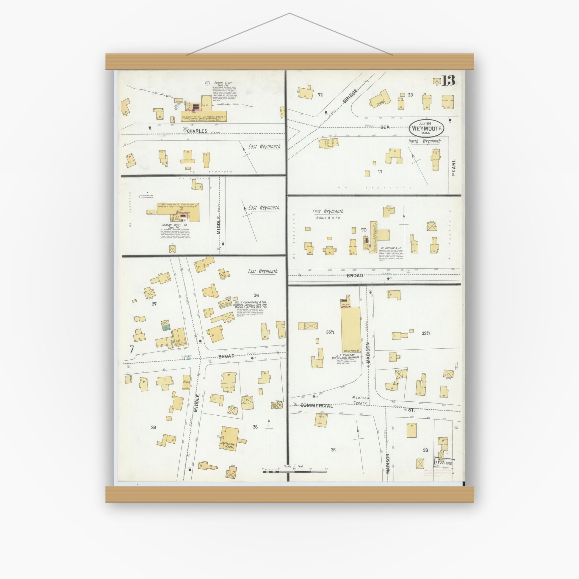 Old map wall art mockup — magnetic wood frame on white wall — Sanborn Fire Insurance Map from Weymouth, Norfolk County, Massachusetts (1899), Sheet #0013