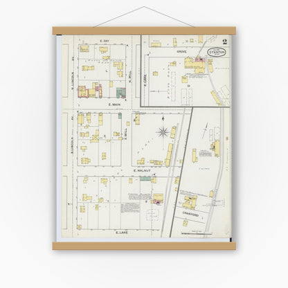 Old map wall art mockup — magnetic wood frame on white wall — Sanborn Fire Insurance Map from Stanton, Montcalm County, Michigan (1892), Sheet #0002