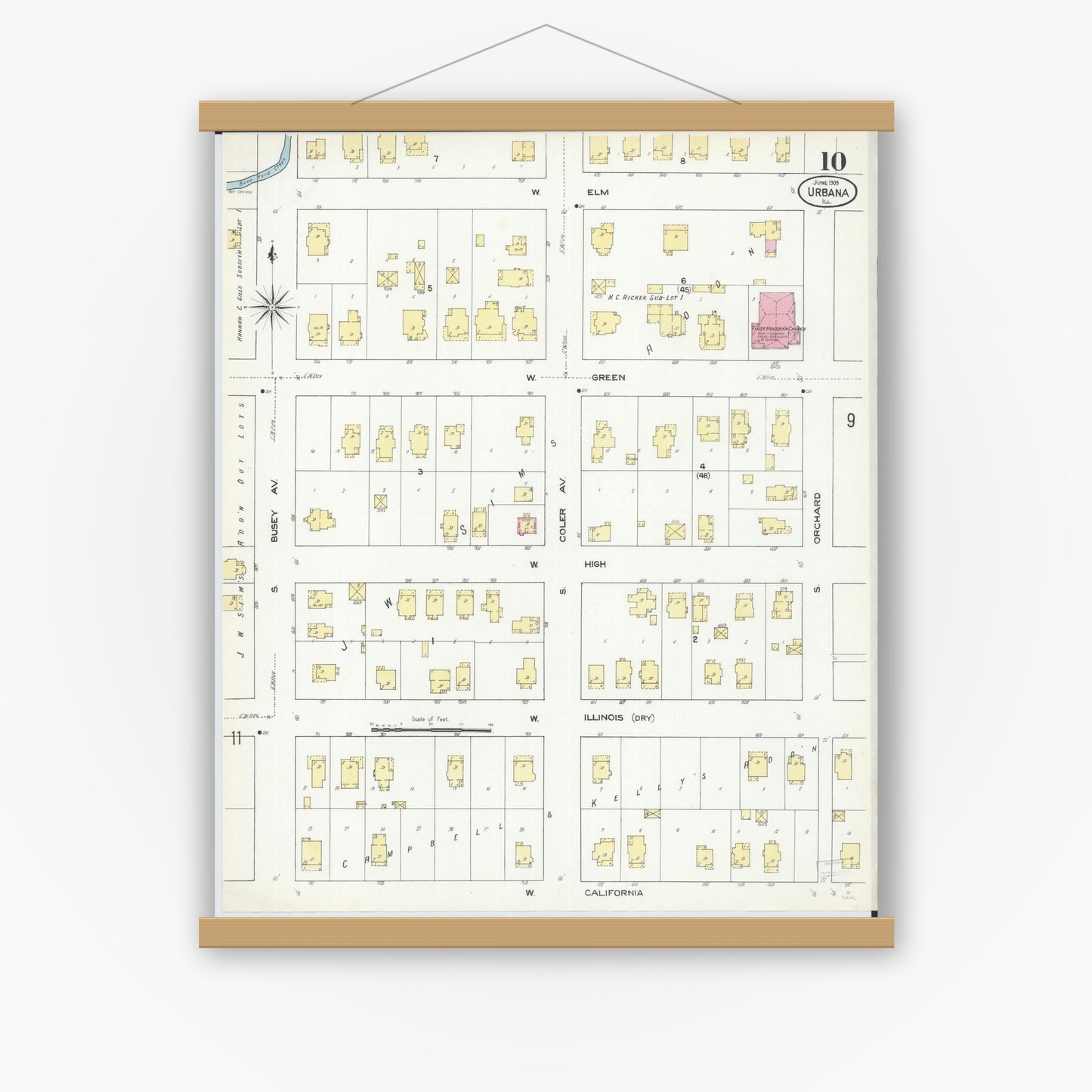 Old map wall art mockup — magnetic wood frame on white wall — Sanborn Fire Insurance Map from Urbana, Champaign County, Illinois (1909), Sheet #0010