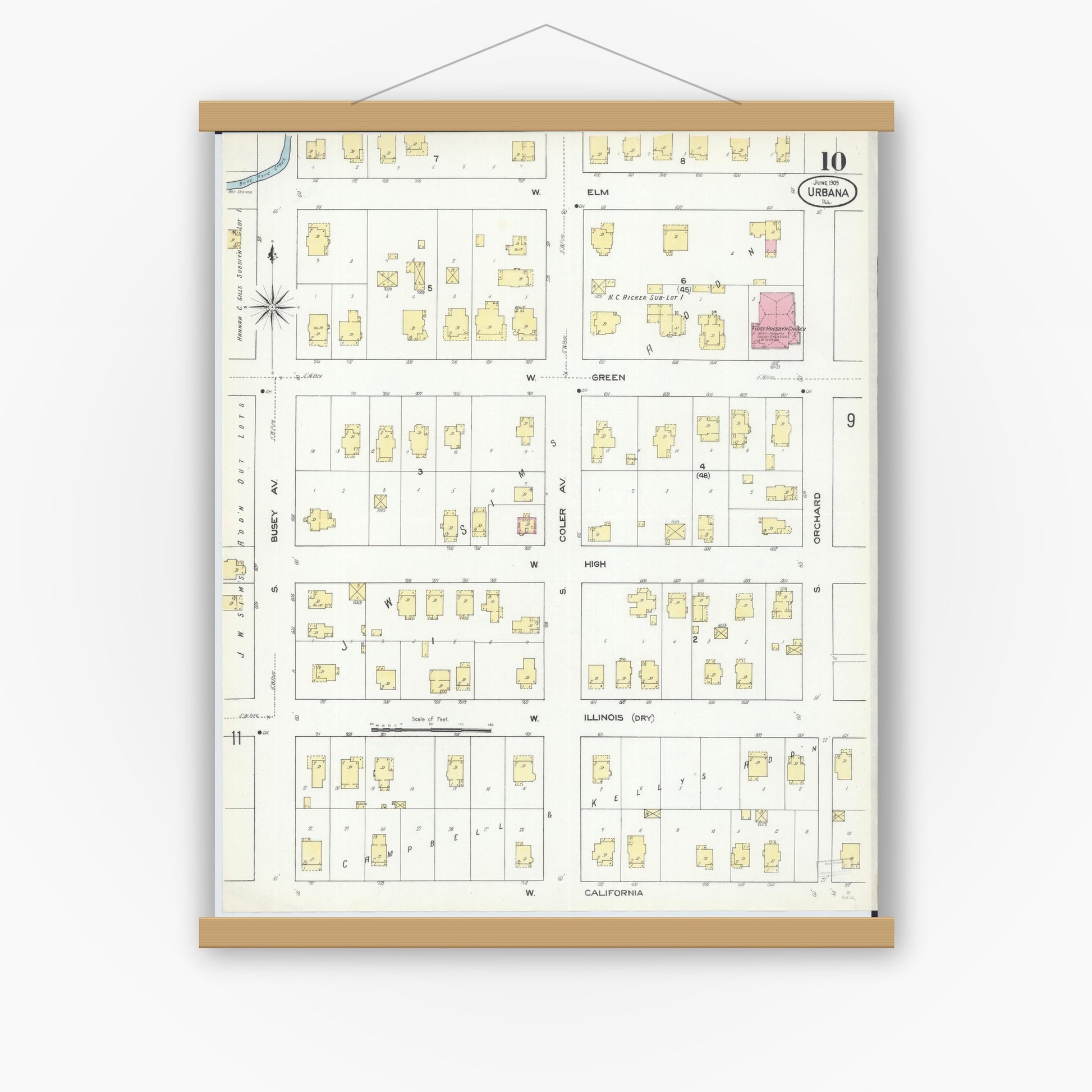 Old map wall art mockup — magnetic wood frame on white wall — Sanborn Fire Insurance Map from Urbana, Champaign County, Illinois (1909), Sheet #0010