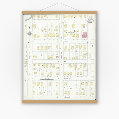 Old map wall art mockup — magnetic wood frame on white wall — Sanborn Fire Insurance Map from Urbana, Champaign County, Illinois (1909), Sheet #0010