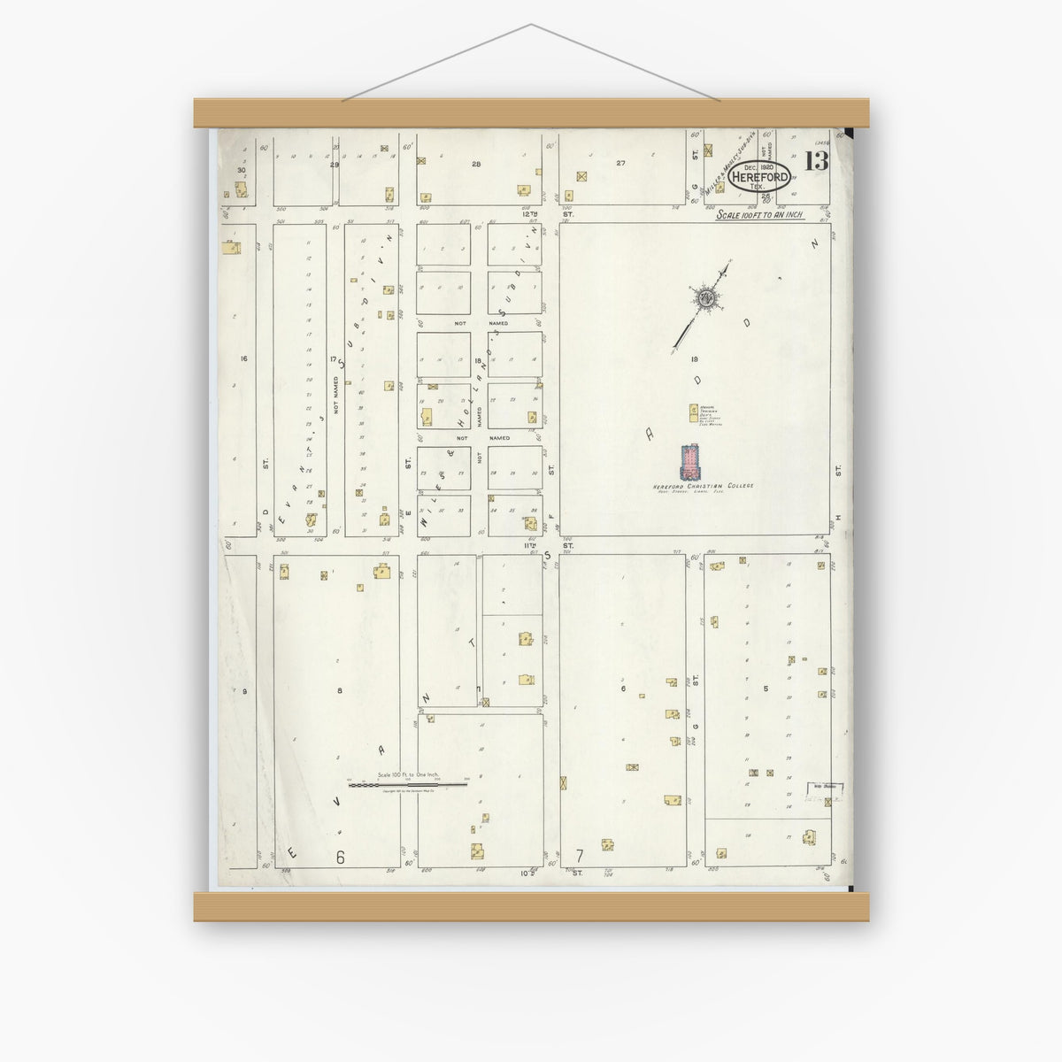 Old map wall art mockup — magnetic wood frame on white wall — Sanborn Fire Insurance Map from Hereford, Deaf Smith County, Texas (1920), Sheet #0013