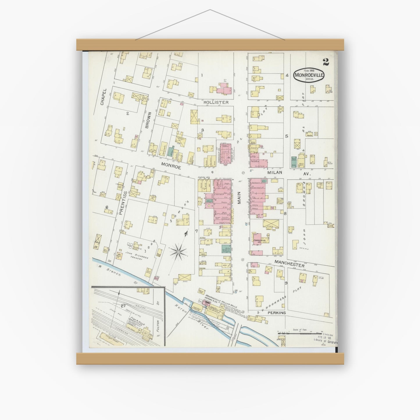 Old map wall art mockup — magnetic wood frame on white wall — Sanborn Fire Insurance Map from Monroeville, Huron County, Ohio (1893), Sheet #0002
