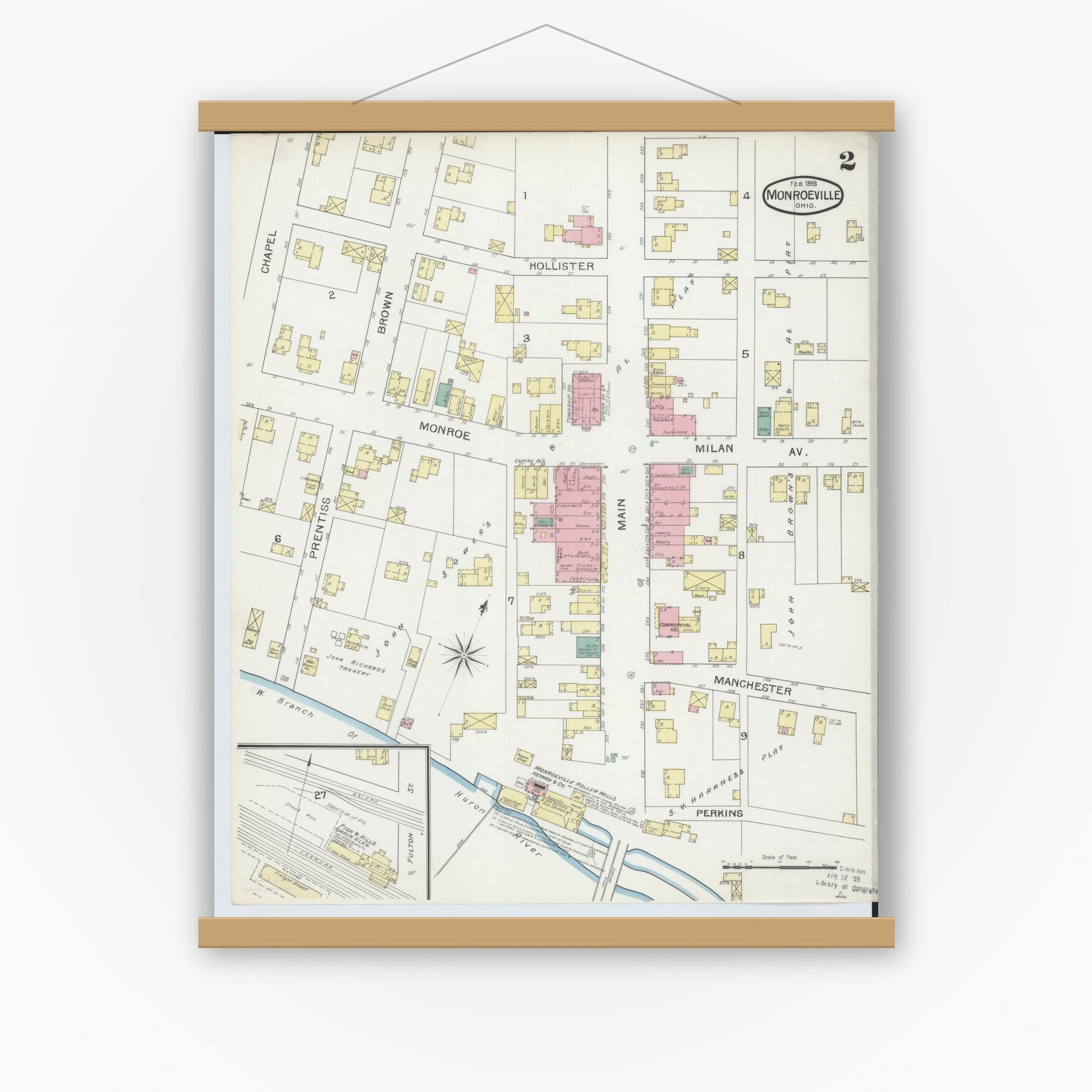 Old map wall art mockup — magnetic wood frame on white wall — Sanborn Fire Insurance Map from Monroeville, Huron County, Ohio (1893), Sheet #0002