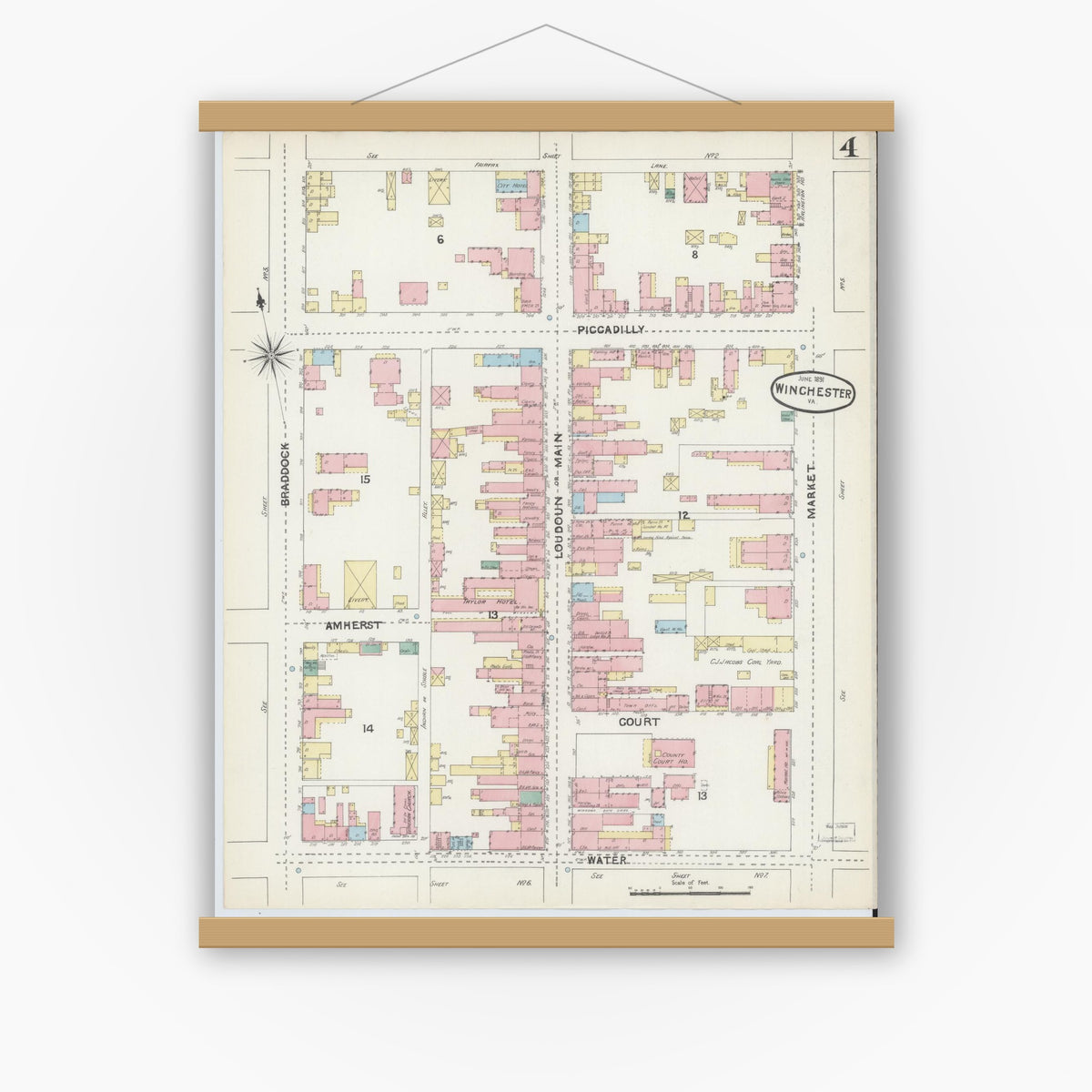 Old map wall art mockup — magnetic wood frame on white wall — Sanborn Fire Insurance Map from Winchester, Independent Cities, Virginia (1891), Sheet #0004