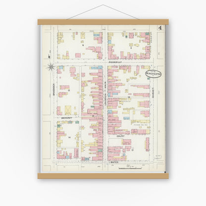 Old map wall art mockup — magnetic wood frame on white wall — Sanborn Fire Insurance Map from Winchester, Independent Cities, Virginia (1891), Sheet #0004