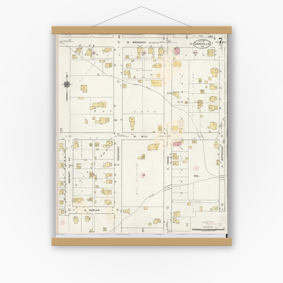 Old map wall art mockup — magnetic wood frame on white wall — Sanborn Fire Insurance Map from Danville, Hendricks County, Indiana (1932), Sheet #0007