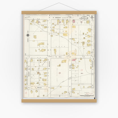 Old map wall art mockup — magnetic wood frame on white wall — Sanborn Fire Insurance Map from Danville, Hendricks County, Indiana (1932), Sheet #0007