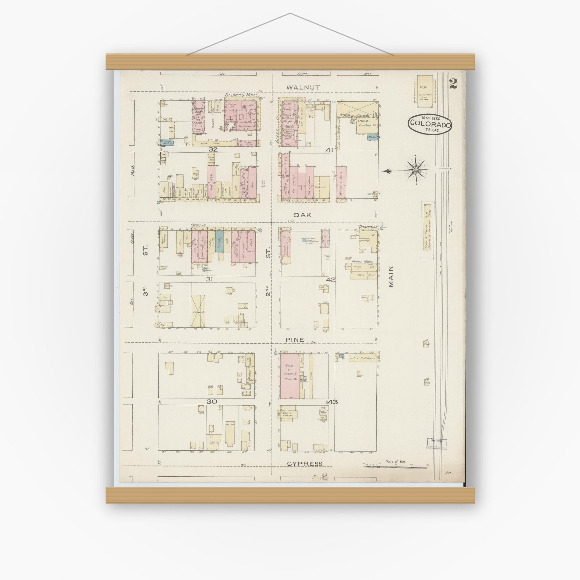 Old map wall art mockup — magnetic wood frame on white wall — Sanborn Fire Insurance Map from Colorado, Mitchell County, Texas (1886), Sheet #0002