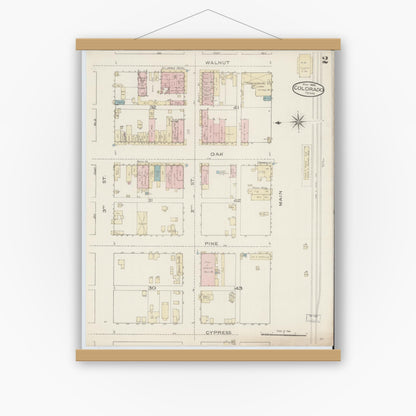 Old map wall art mockup — magnetic wood frame on white wall — Sanborn Fire Insurance Map from Colorado, Mitchell County, Texas (1886), Sheet #0002