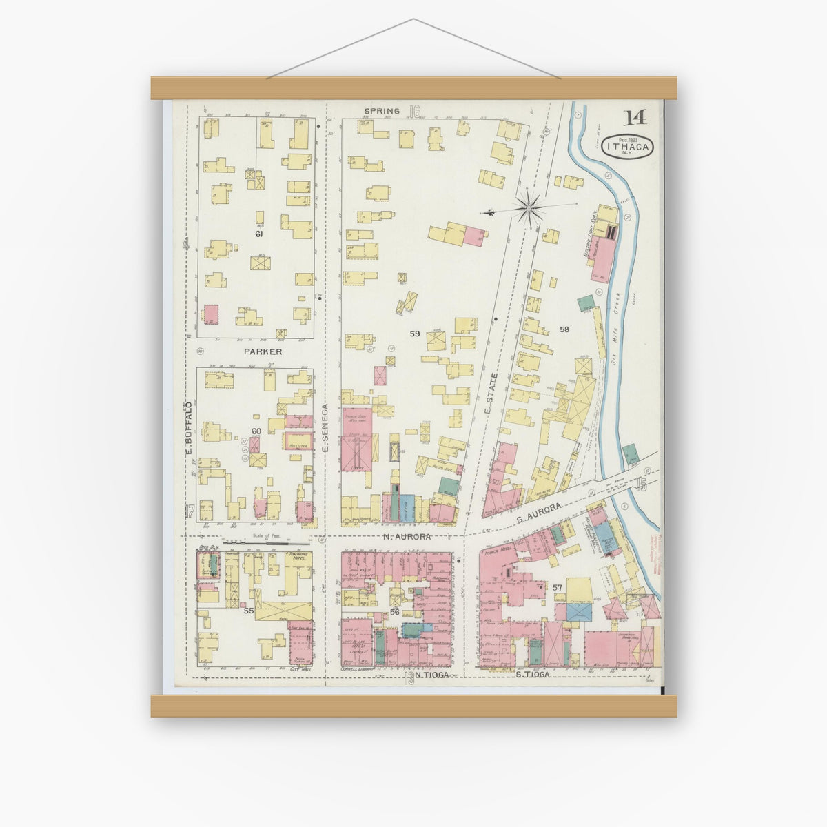 Old map wall art mockup — magnetic wood frame on white wall — Sanborn Fire Insurance Map from Ithaca, Tompkins County, New York (1893), Sheet #0014