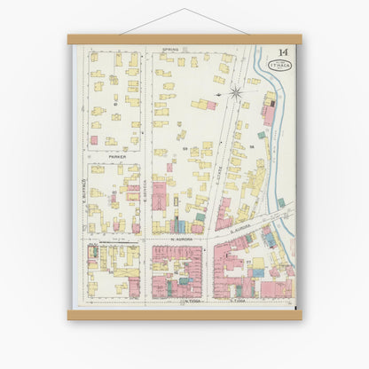 Old map wall art mockup — magnetic wood frame on white wall — Sanborn Fire Insurance Map from Ithaca, Tompkins County, New York (1893), Sheet #0014