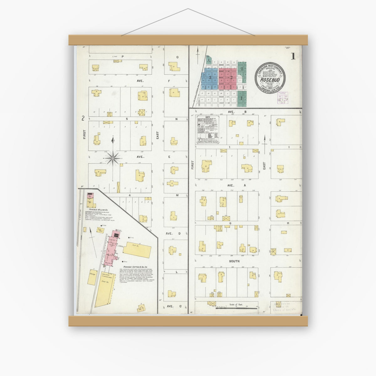 Old map wall art mockup — magnetic wood frame on white wall — Sanborn Fire Insurance Map from Rosebud, Falls County, Texas (1903), Sheet #0001