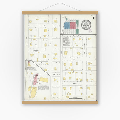 Old map wall art mockup — magnetic wood frame on white wall — Sanborn Fire Insurance Map from Rosebud, Falls County, Texas (1903), Sheet #0001