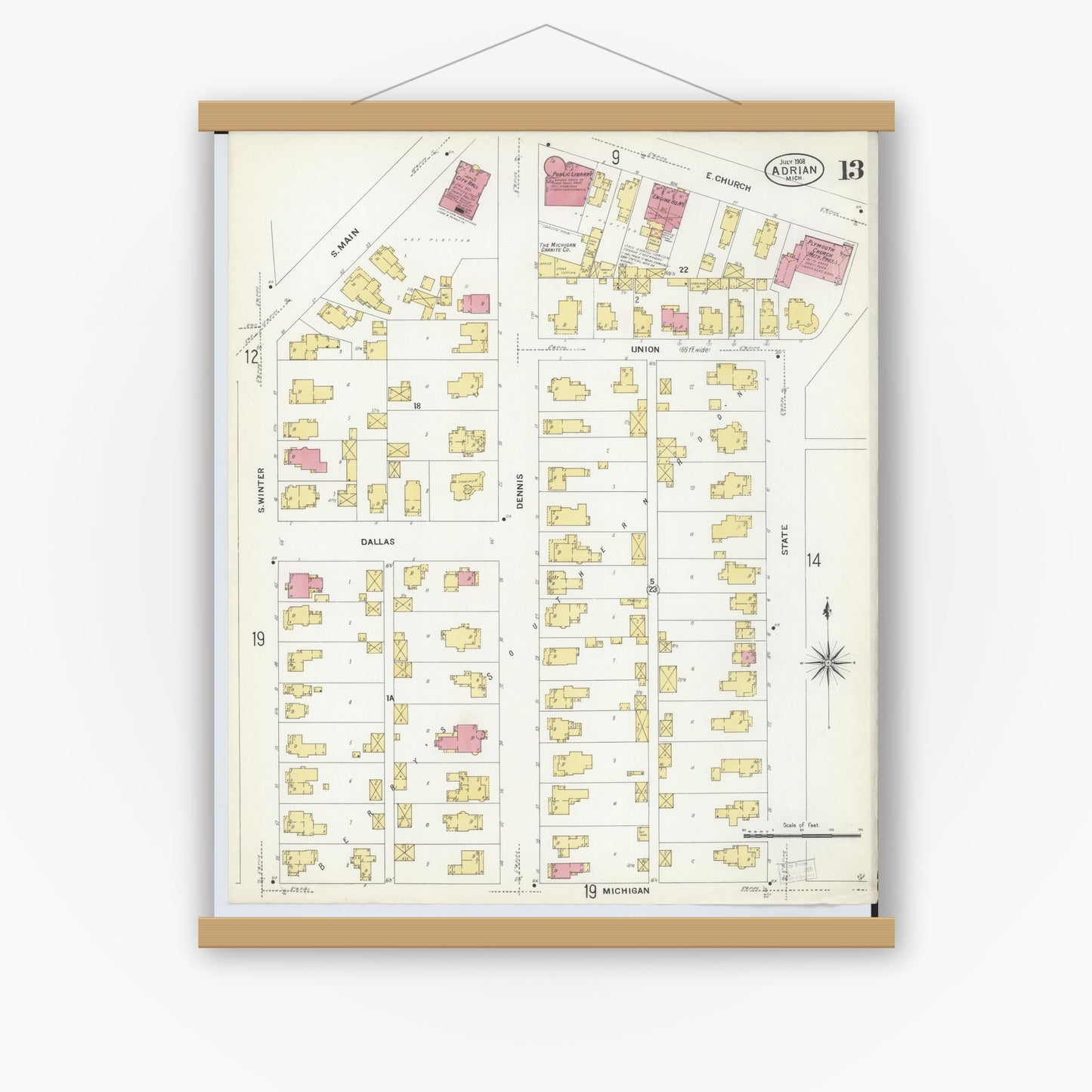 Old map wall art mockup — magnetic wood frame on white wall — Sanborn Fire Insurance Map from Adrian, Lenawee County, Michigan (1908), Sheet #0013